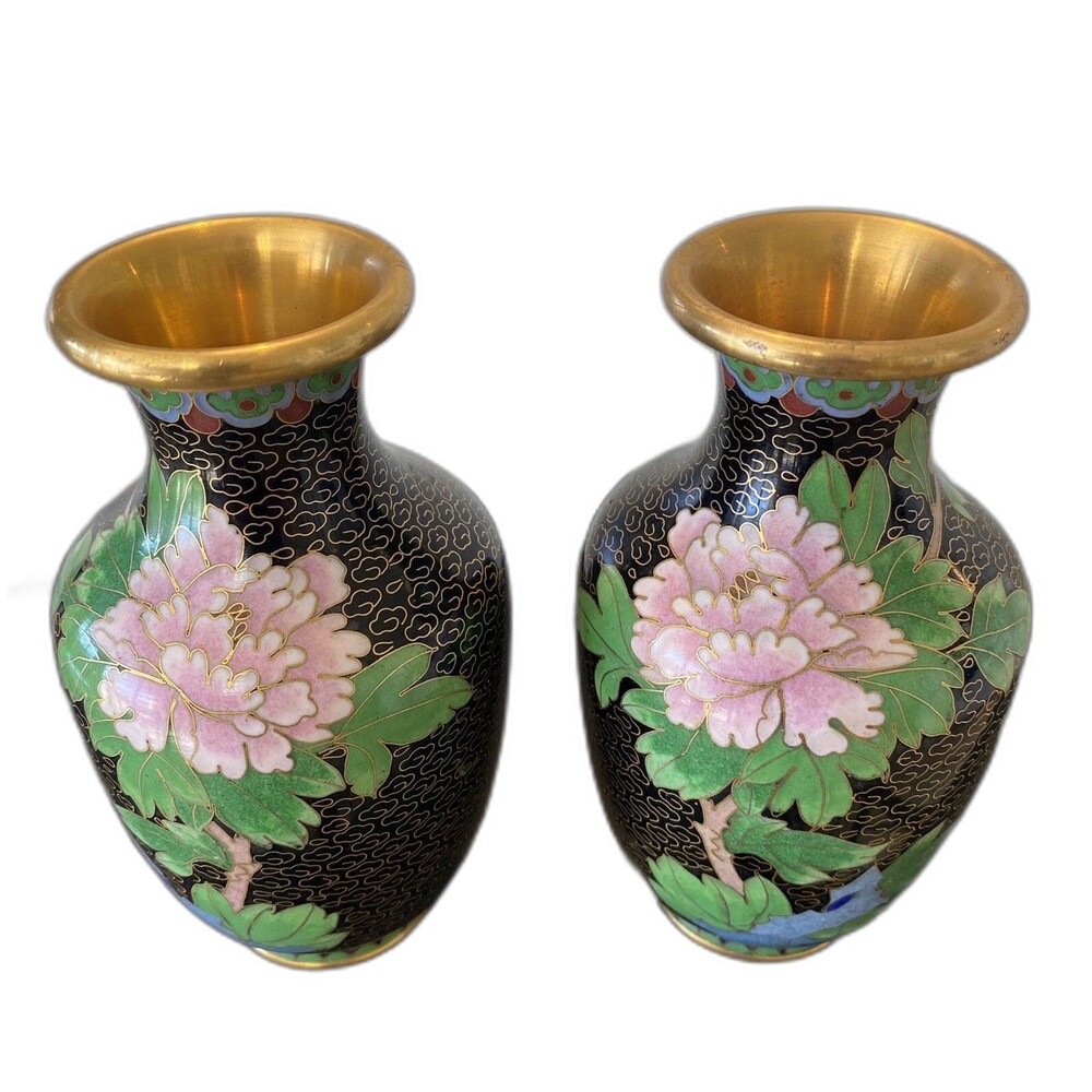 Vintage Black Chinese Cloisonné Mini Vases 5" Brass With Painted Enamel/Box